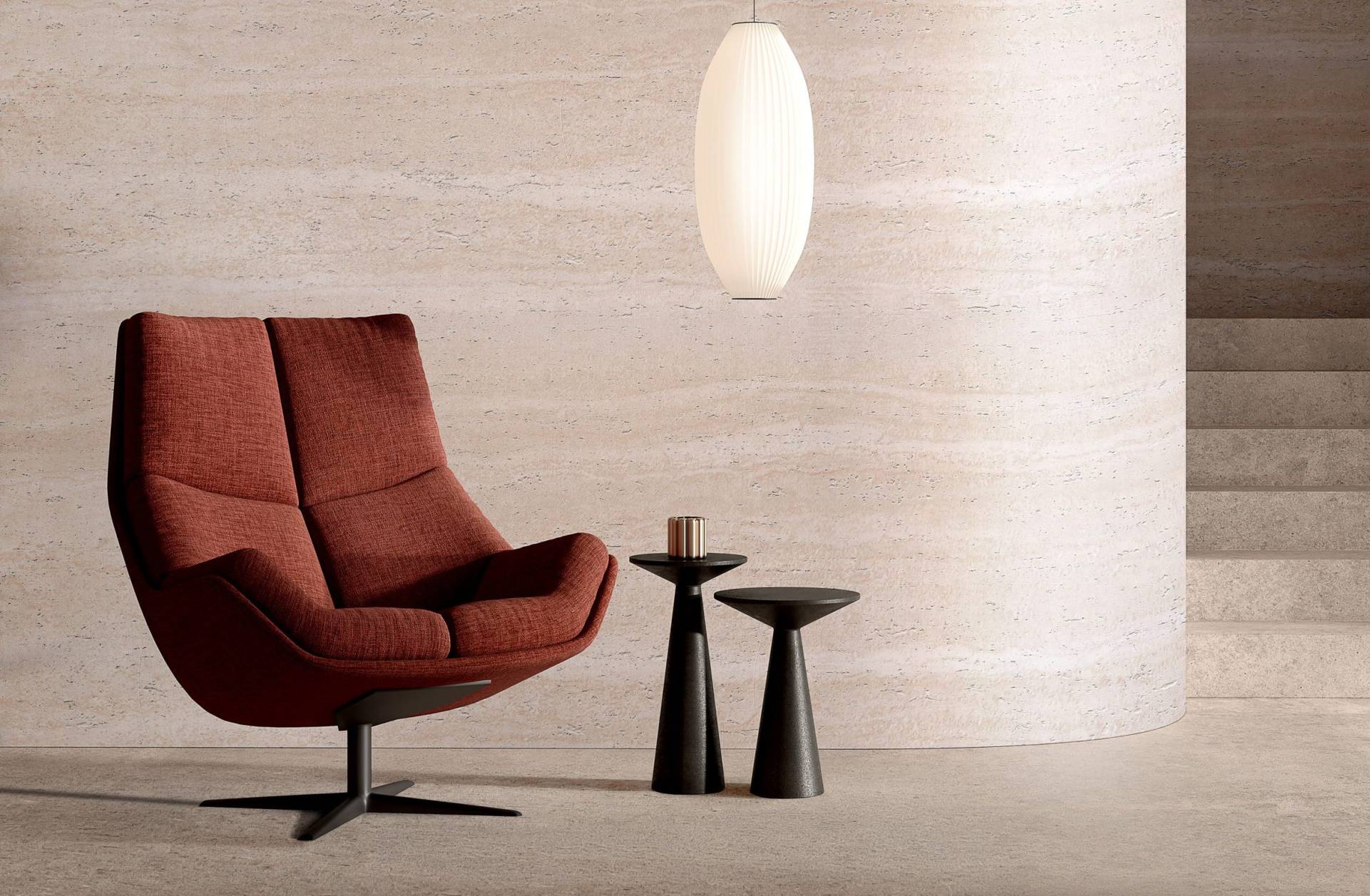modern interior with a burnt orange swivel chair, black side tab