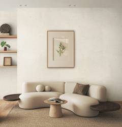 boho beige livingroom with one picture and sofa background. light modern farmhouse nature interior. 3d rendering. high quality 3d illustration